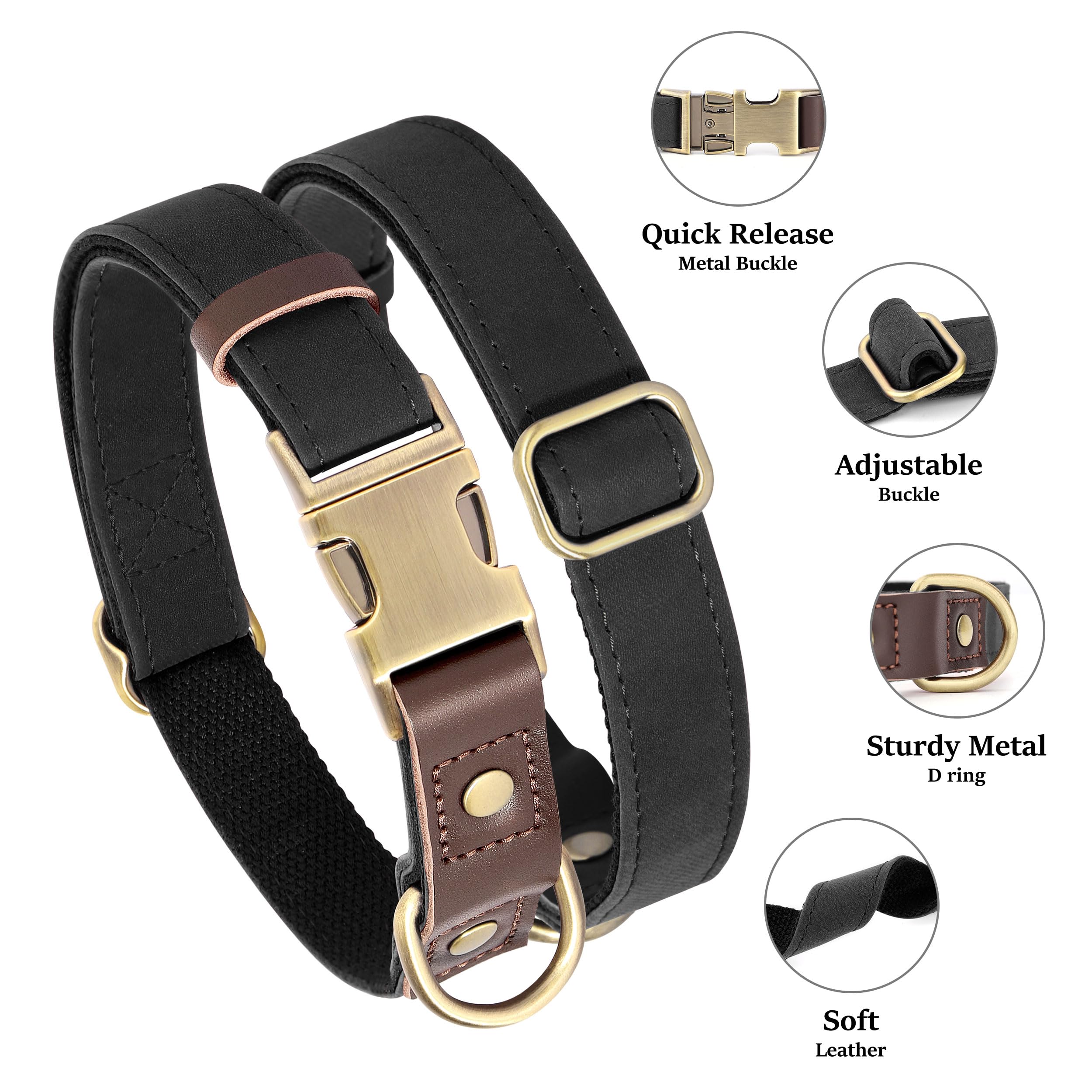 PU Leather Dog Collar Adjustable Soft Lined Quick Release