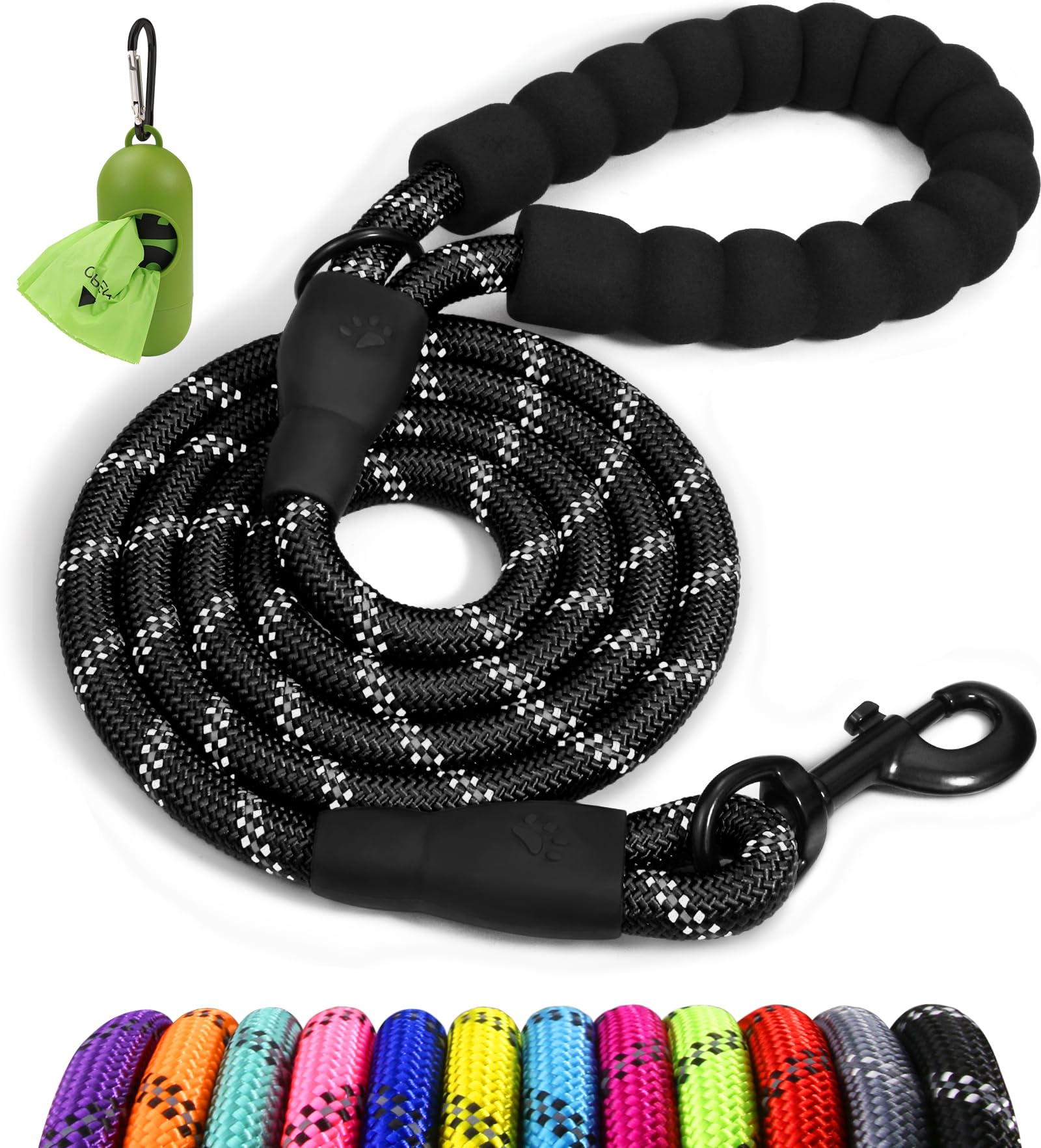 Rope Dog Leash Reflective Threads Padded Handle Durable